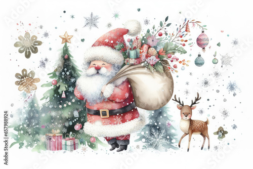 Watercolor Christmas illustration with Santa Claus, reindeer and snowflakes. Created with Generative AI tools
