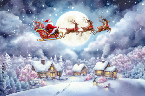 Santa Claus flying in his sleigh with reindeers over village at night. Created with Generative AI tools