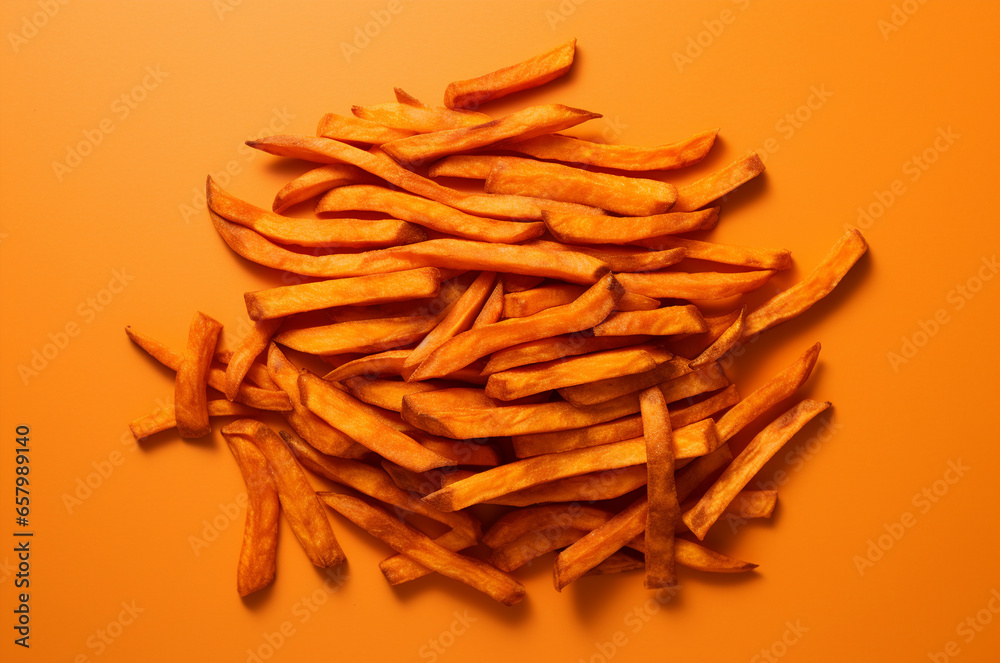Obraz premium French fries on orange background top view