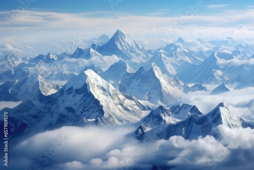Snow-capped peaks pierce the heavens, silent giants guarding earth. © Kanisorn