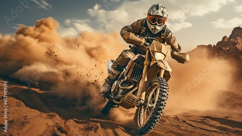 Athlete riding a motorbike through a desert filled with sand..