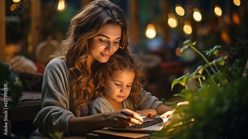 a mother and child at home in the evening for remote job or money. Computer, . photo