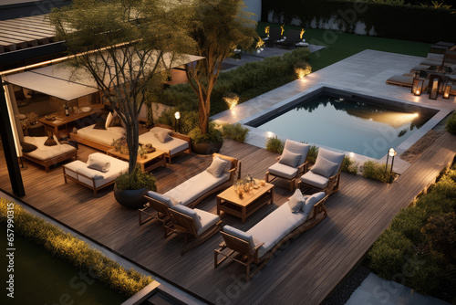 aerial view of a lavish side outside garden at morning, with a teak hardwood deck and a black pergola