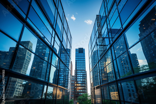 Reflection of skyscrapers in the windows of a modern office building