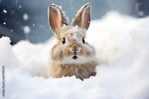 a cute bunny playing in the snow