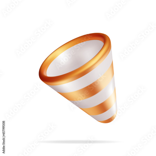 3D Gold Empty Party Popper Isolated on White. Render Plasticine Confetti Popper. Colorful Firecracker. Party Holiday, Surprise or Birthday Events. New Year and Christmas. Realistic Vector Illustration