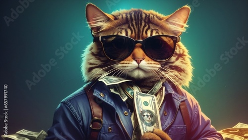Cool rich successful hipster cat with sunglasses and cash money