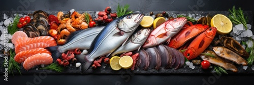 Fresh fish and seafood arranged on black background rocks