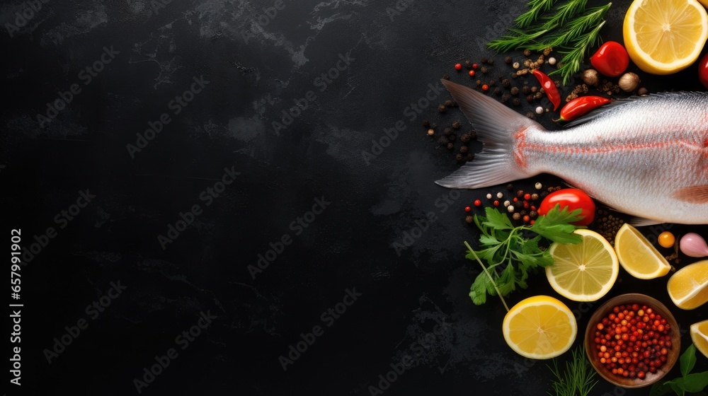 Fresh fish with ingredients for dark background Top view with space to place text.