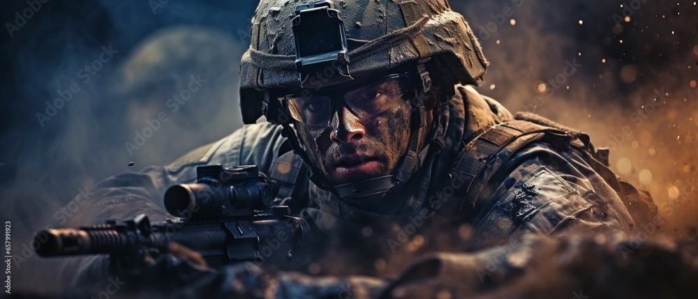 Fototapeta premium soldier or army silhouetted in smoke, dust, and wearing an overcoat while holding a weapon.