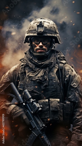 soldier or army silhouetted in smoke, dust, and wearing an overcoat while holding a weapon.