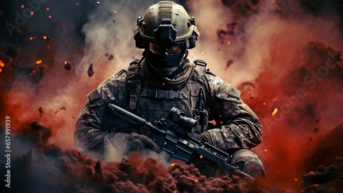 soldier or army silhouetted in smoke, dust, and wearing an overcoat while holding a weapon.
