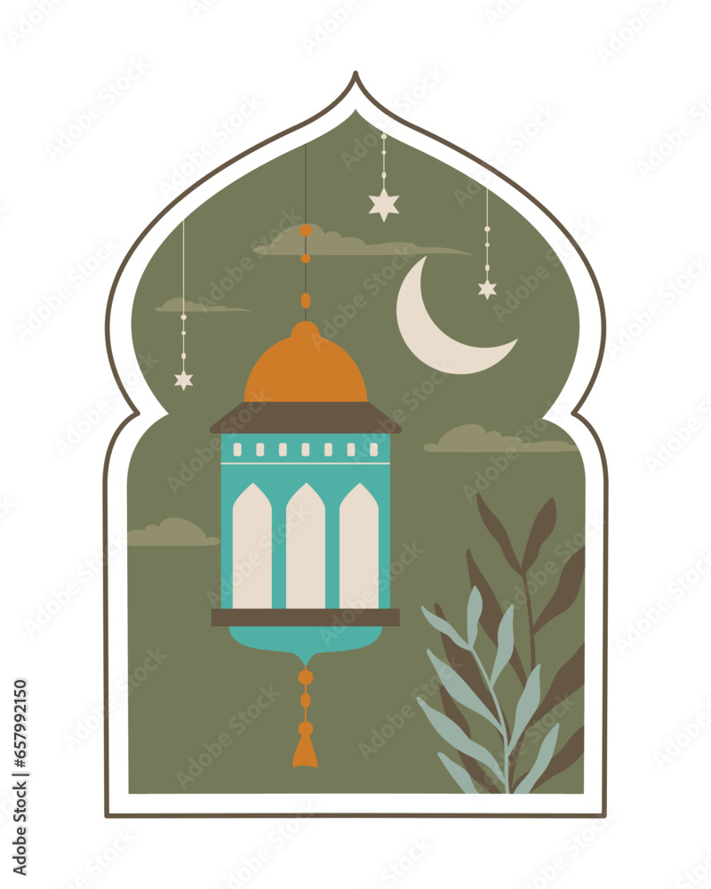 Islamic motif in a beautiful shape of lamp, moon and stars. Night sky. Flat vector illustration, eps10 Islamic motif in a beautiful shape of lamp, moon and stars. Night sky. Flat vector illustration, eps10