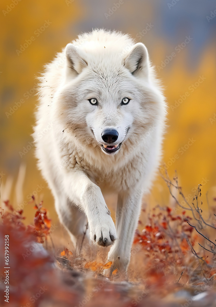 Nature’s Grace: A White Wolf in a Golden Forest