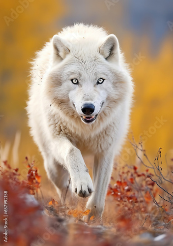 Obraz na płótnie Nature’s Grace: A White Wolf in a Golden Forest w salonie