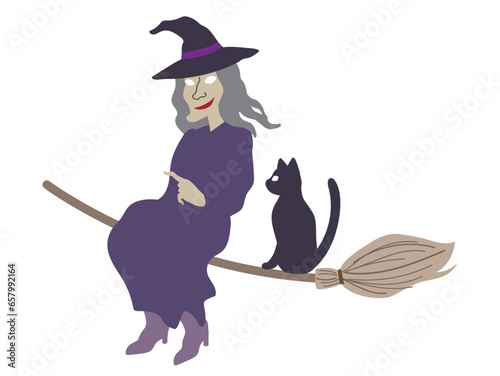 Halloween outlined vector illustration element of cute, fun and spooky flying wicked witch in purple costume  talking with a cat on a  broom