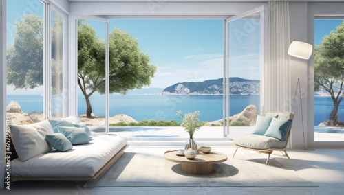Luxurious living room with windows looking out in the style of seascapes with air beach scenes.