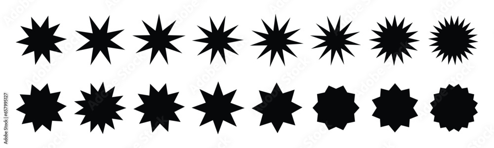 Star icon. Star burst sticker vector set. Black flat price tags explosion silhouettes, starburst retro sale badge. Blank label and stickers emblem. Special offer price tag