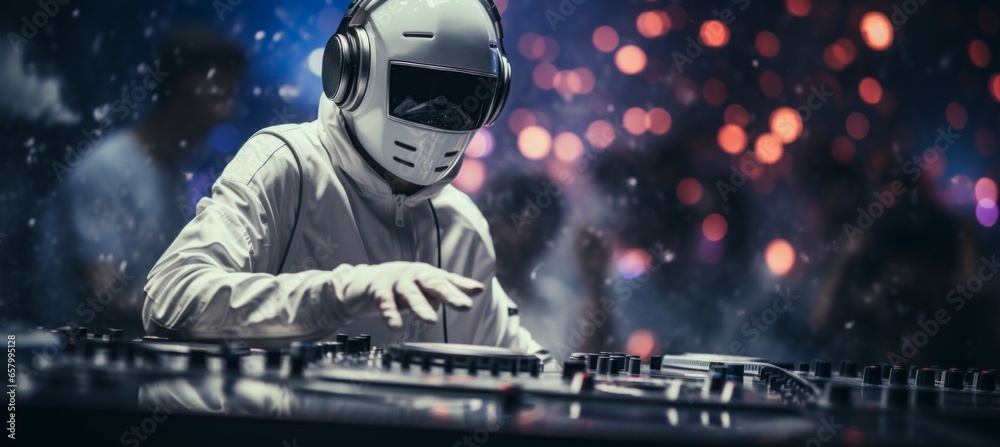 Futuristic Disk jockey mixing song. Generative AI technology. Futuristic Disk jockey mixing song. Generative AI technology.