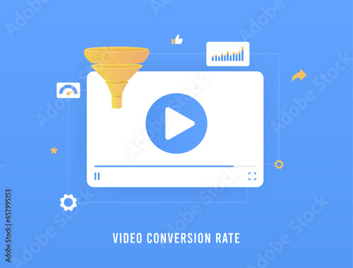 Video Conversion Rate concept. Inbound digital marketing strategy. Video Marketing, Conversion Rates with sales funnel and marketing tools. Vector isolated illustration on blue background with icons