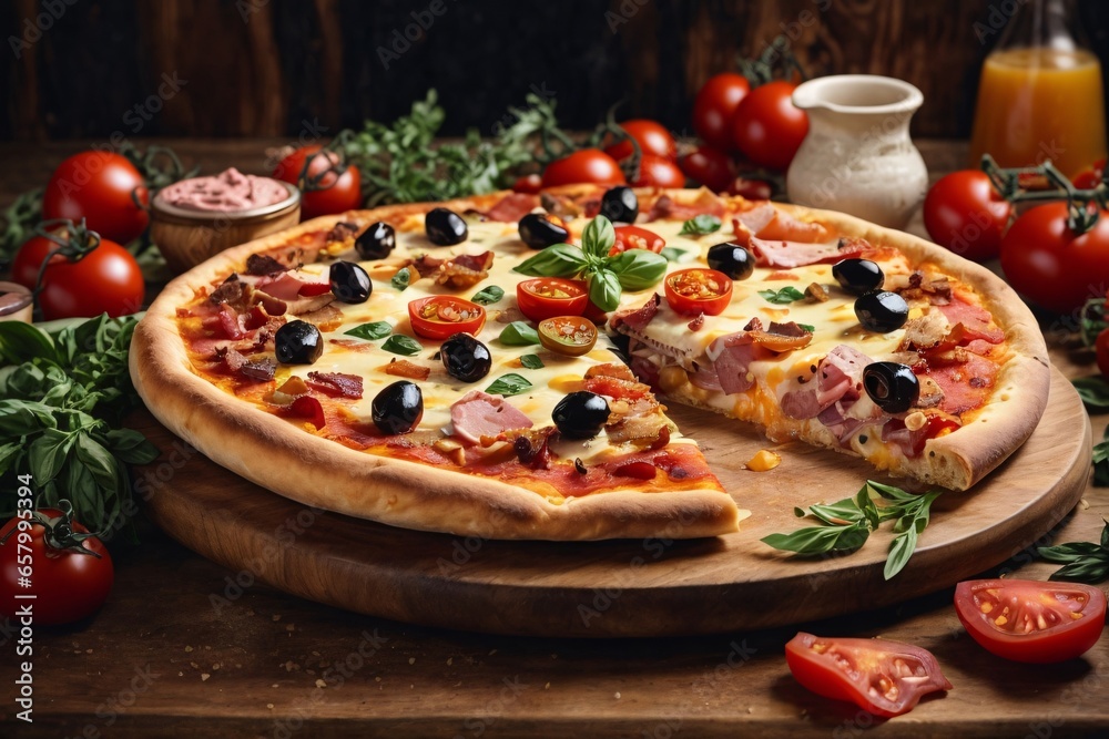 richly decorated Italian pizza (cheese slices, ham slices, olives, tomato slices, bacon slices, chili) with stuffed edges on a richly decorated dinner plate. Generative AI.