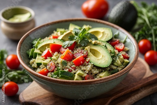 Bowl of nutritious vegan food avocado quinoa tomato cucumber veggie salad Ideal for breakfast or snack clean eating vegan diet concept. Generative Ai.