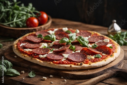 richly decorated Italian pizza (cheese slices, ham slices, olives, tomato slices, bacon slices, chili) with stuffed edges on a richly decorated dinner plate, generative AI.