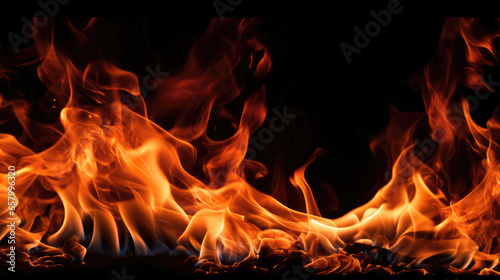 Flames of red orange fire isolated on a black widescreen background