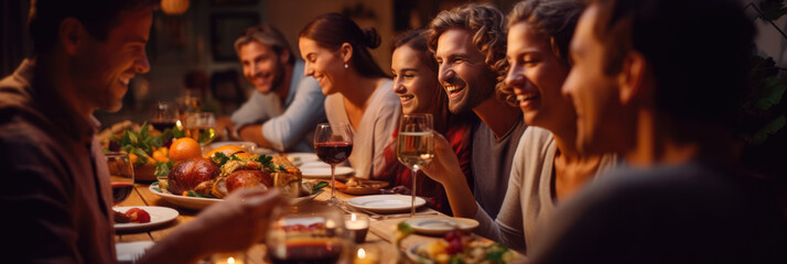 celebration, holidays and people concept - happy family and friends having dinner party at home	