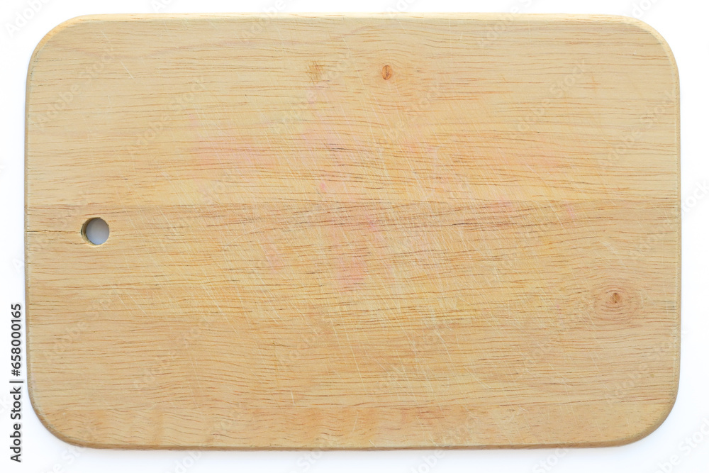 wooden cutting board isolated on white background, plank wood in the kitchen