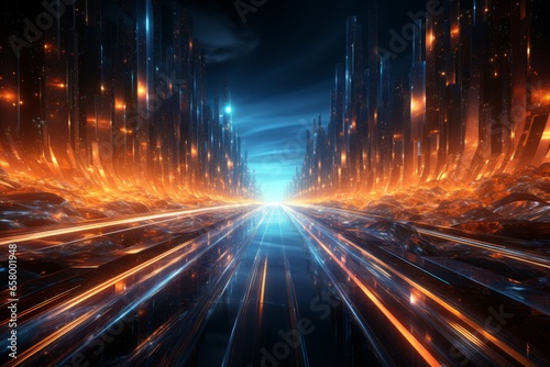  Digital data stream rushing through a futuristic tunnel, Generative AI