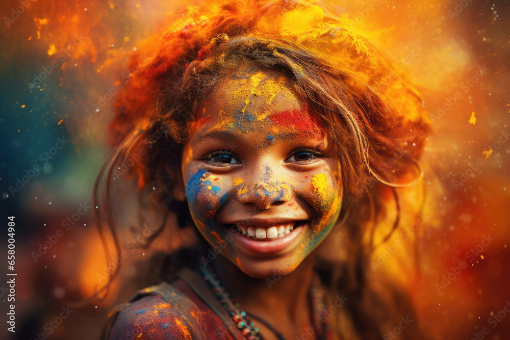 the girl is all covered in colored holi powder