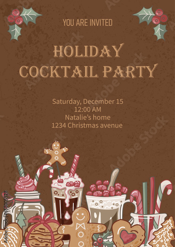 Template for cocktails party, winter holidays invitation with hot drinks and cookies. Place for text. Vector illustration.