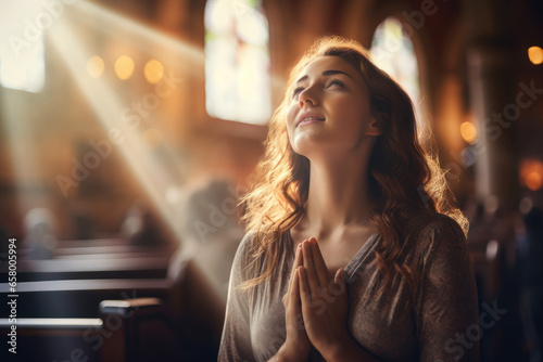 Prayer, christian and worship with woman in church for god