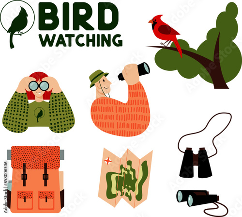 Bird watching set. Ornithology equipment: binoculars, backpack, map. People in nature. Man, woman and child are nature lovers.  