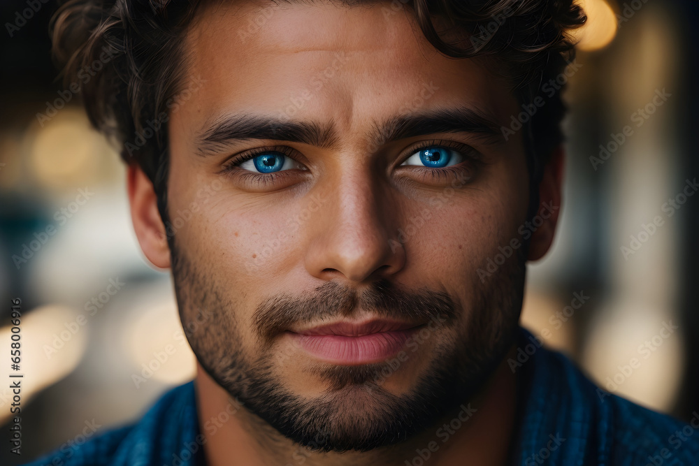 A unique and captivating close up portrait of a man with heterochromia, his eyes a stunning contrast of deep brown and bright blue. A unique and captivating close up portrait of a man with heterochromia, his eyes a stunning contrast of deep brown and bright blue.