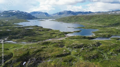 Stavatn Lake and Haukelivegen in Norway, Vestland, Vestfold og Telemark - Aerial photo