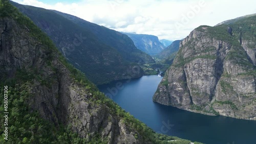 Lake Vassbygdevatnet in Norway - Scenic Nature Landscape in Aurland, Vestland - Aerial photo