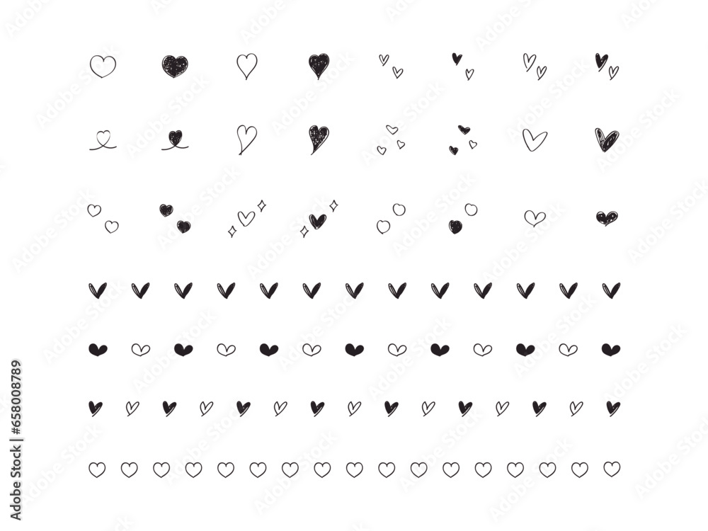 手書きのハートの飾り罫・アイコンのセット　黒　白黒　ベクター　Hand drawn heart line and icon set