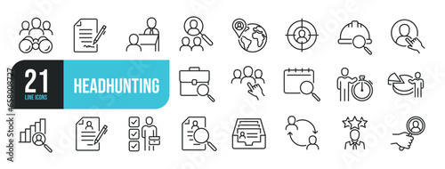 Set of line icons related to headhunting, recruitment, hiring, resume. Outline icons collection. Editable stroke. Vector illustration.