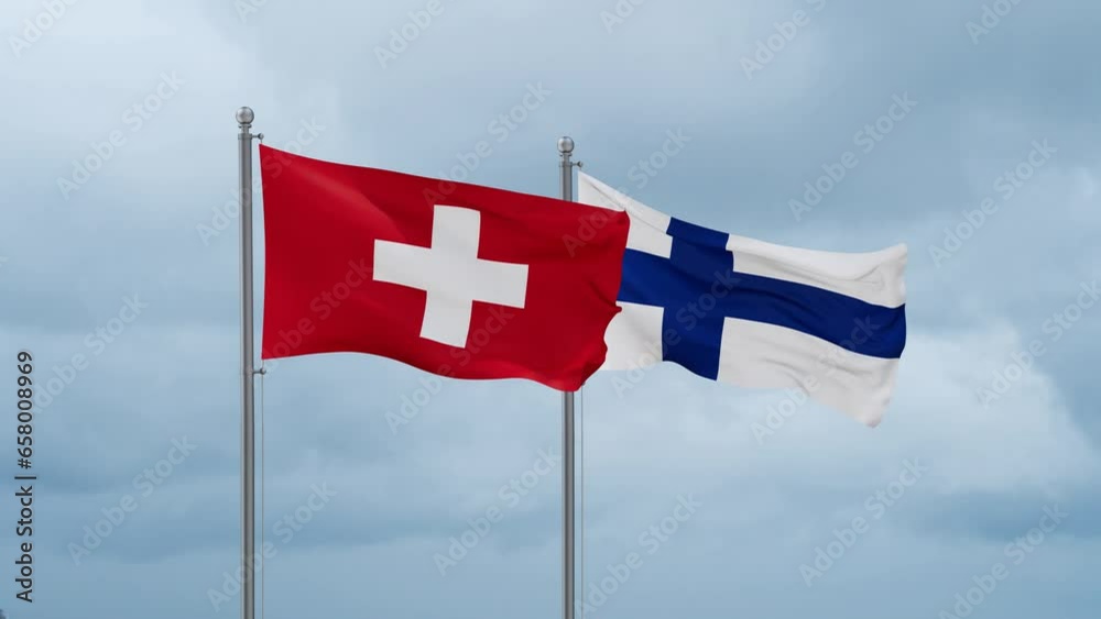 Finland flag and Switzerland flag waving together on cloudy sky, endless seamless loop, two country relations concept