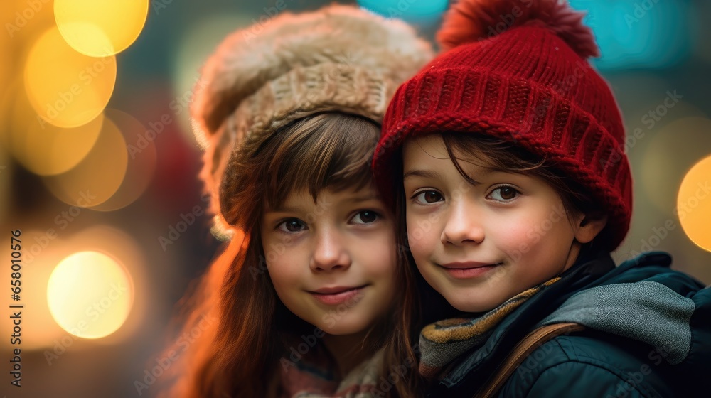 A portrait romantic of cute young couple boy and girl wearing wool hat in the winter season on bokeh background. Generative Ai