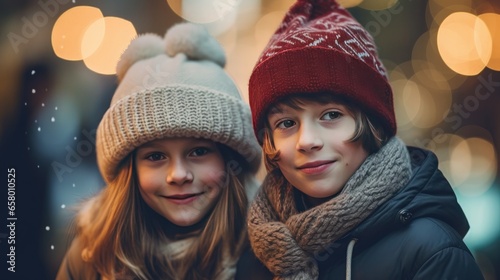 A portrait romantic of cute young couple boy and girl wearing wool hat in the winter season on bokeh background. Generative Ai