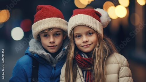 A portrait romantic of cute young couple boy and girl wearing wool hat in the winter season on bokeh background. Generative Ai