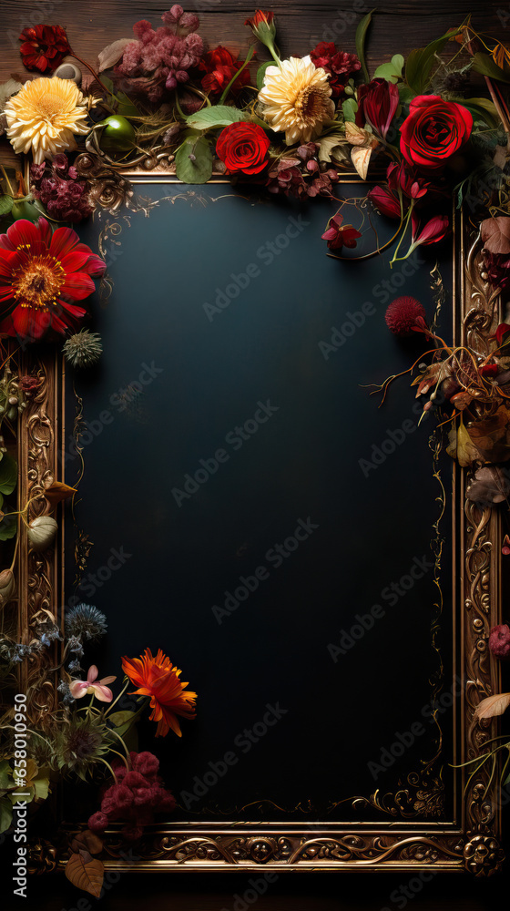 Obraz premium Ornate Gold Frame with Red Roses on a Luxurious Red Background