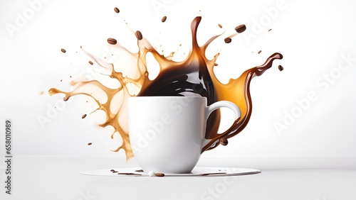 Pouring and splashing coffee cup on white background