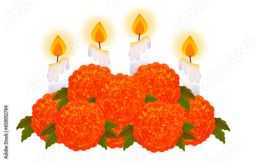 Ilustración de velas y cempasúchil del Día de Muertos en México sin fondo