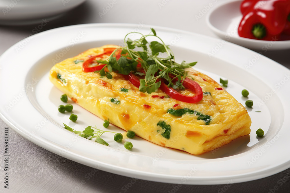 Delicious omelet made with vegetables, served on white plate. Perfect for breakfast or brunch. Delicious omelet made with vegetables, served on white plate. Perfect for breakfast or brunch.
