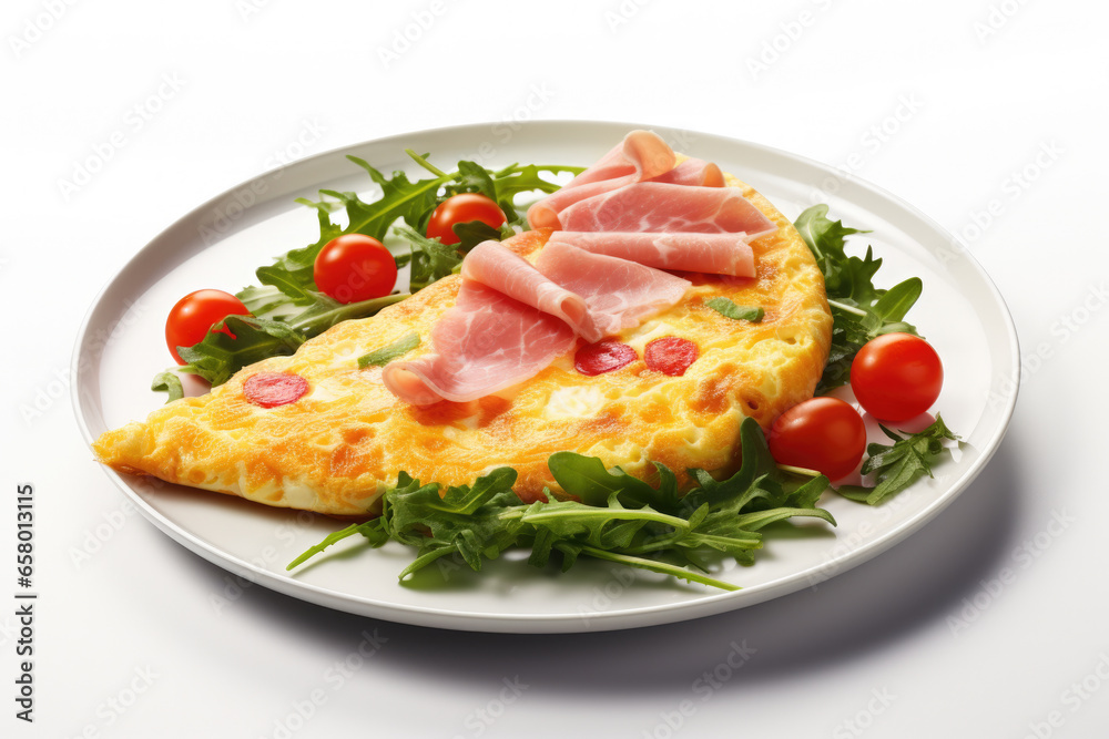 Delicious omelet topped with fresh tomatoes served on white plate. Perfect for breakfast or brunch.