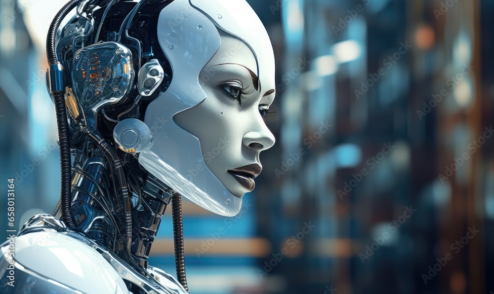 Android futuristic woman in a stylish cyborg head in profile. Android futuristic woman in a stylish cyborg head in profile.